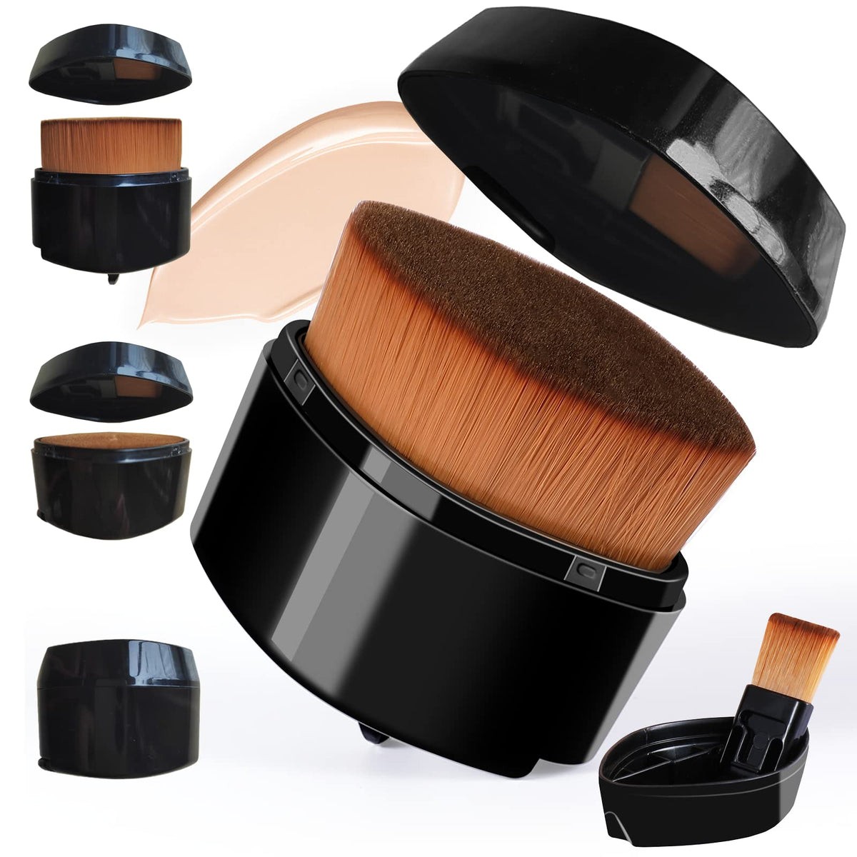 Enzo Ken Retractable Flat Foundation Brush - Liquid Makeup, Cream Contour, Plant Synthetic Hair, Black