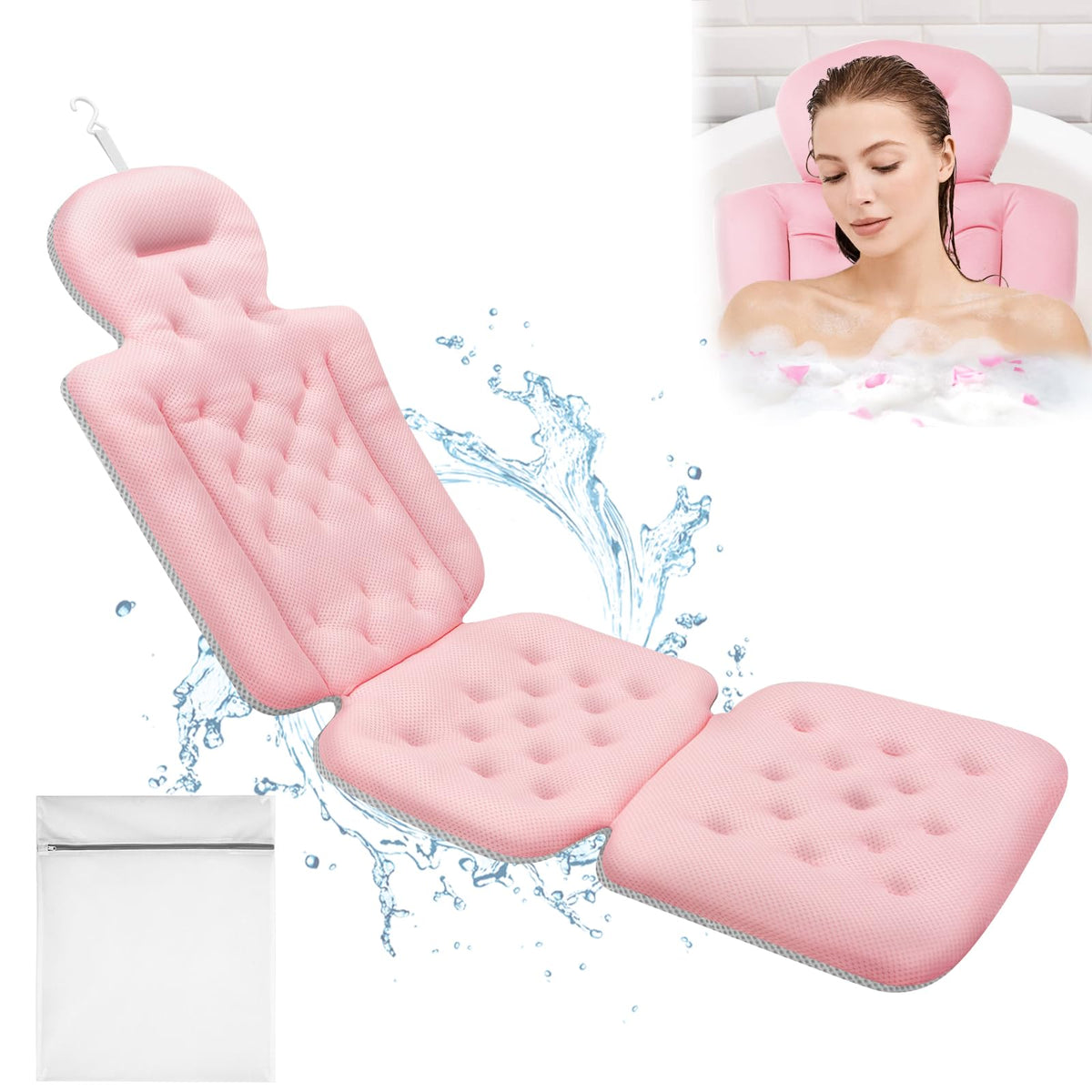 Naposeuo Luxury Bath Pillow With Suction Cups & Laundry Bag, Quick-Dry 5D Mesh - Pink