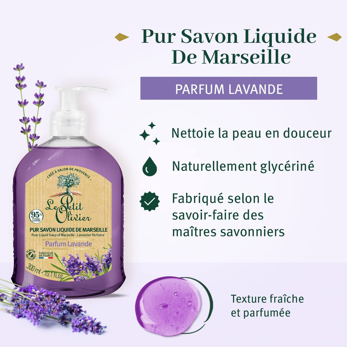 Le Petit Olivier Lavender Liquid Soap - Pure Marseille, 10.1 oz, Gently Cleanses Skin