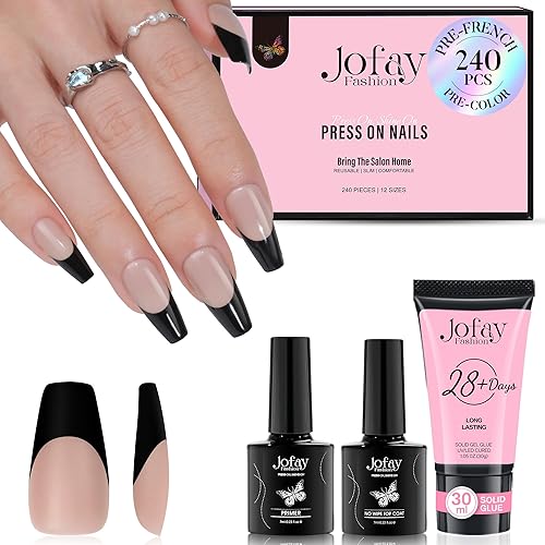 Jofay Fashion French Gel Nail Tips Kit - 240Pcs Coffin Press On Nails with Solid Glue Gel