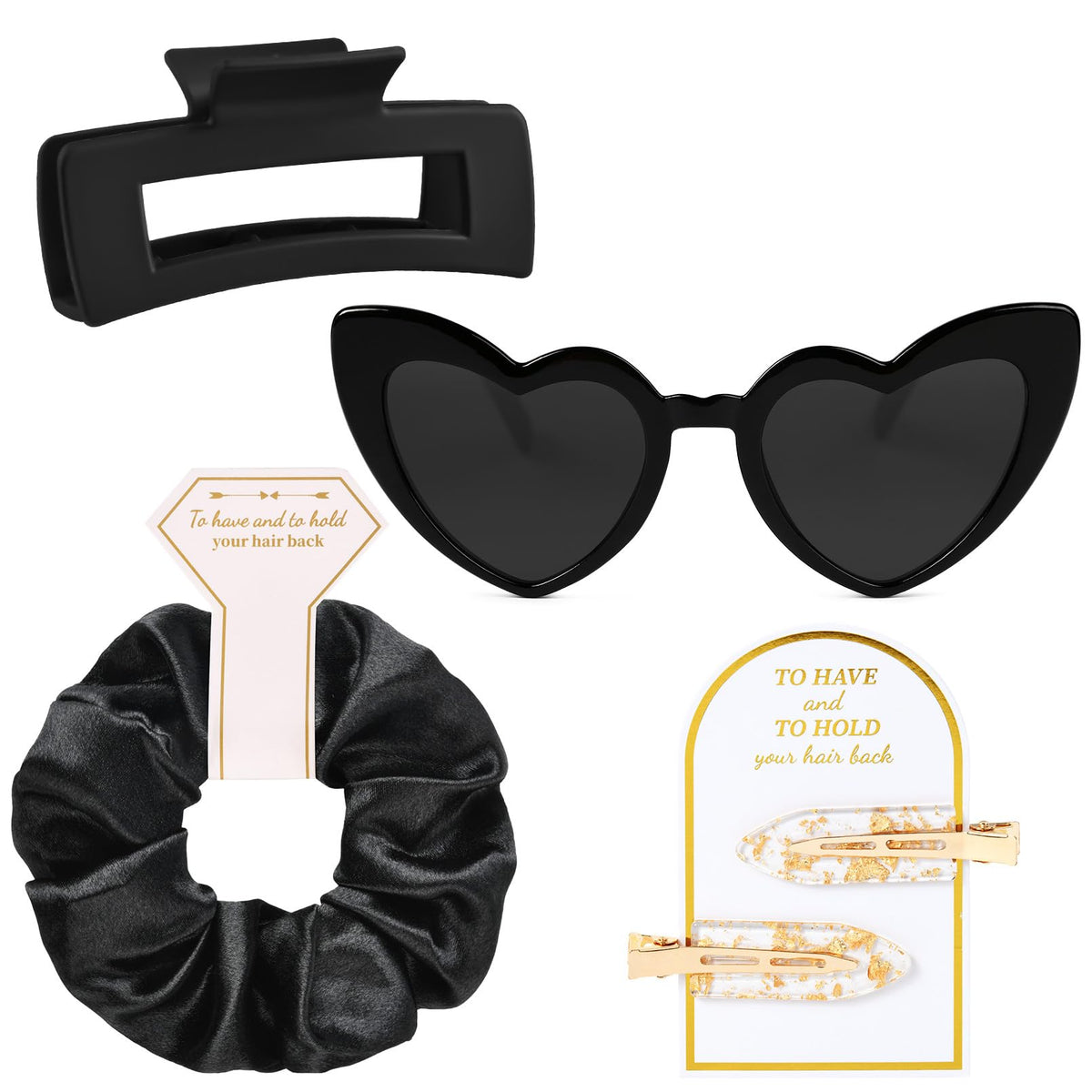 Aileam 4 Pcs Bridesmaid Proposal Gifts - Hair Clips, Scrunchies, Sunglasses - Black Silk Accessories