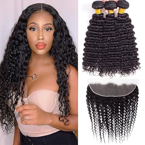 FASHION VILA Brazilian Deep Wave Hair Bundles with Frontal 9A, Natural Black, 16-20&quot;