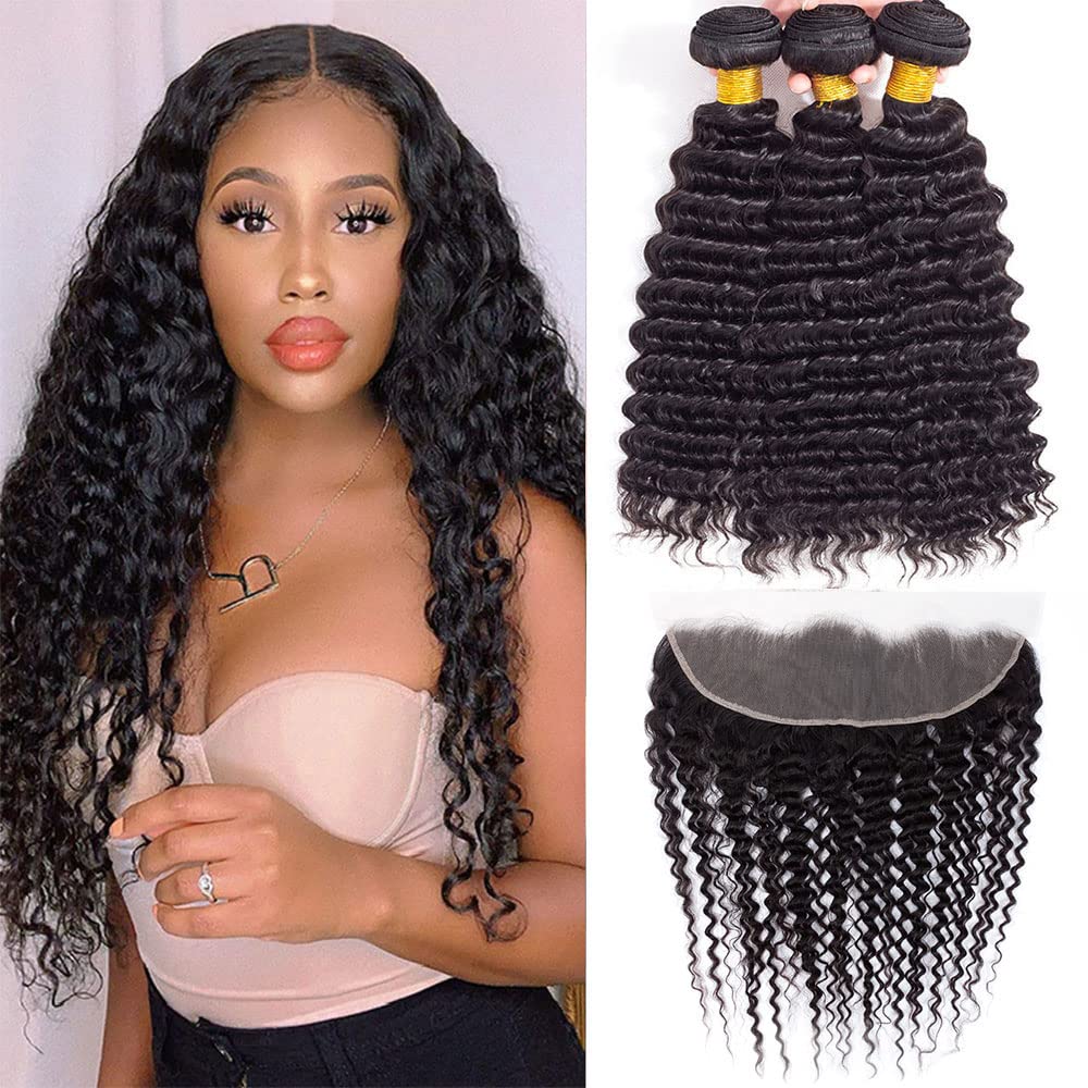 FASHION VILA 9A Brazilian Deep Wave Hair Bundles with 13x4 Frontal - Natural Black 20-24''