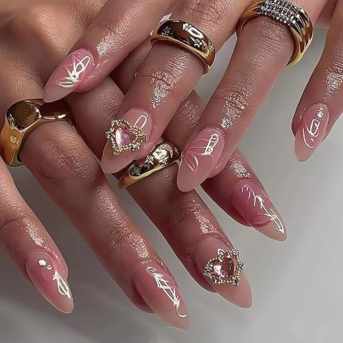 IMSOHOT Almond Press on Nails - Medium Pink Glossy Full Cover Acrylic Nails with Heart Rhinestones