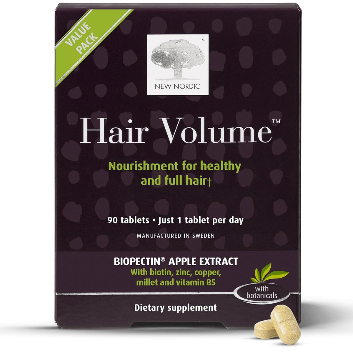 New Nordic Hair Volume Tablets With 3000 Mcg Biotin & Apple Extract, 90 Count