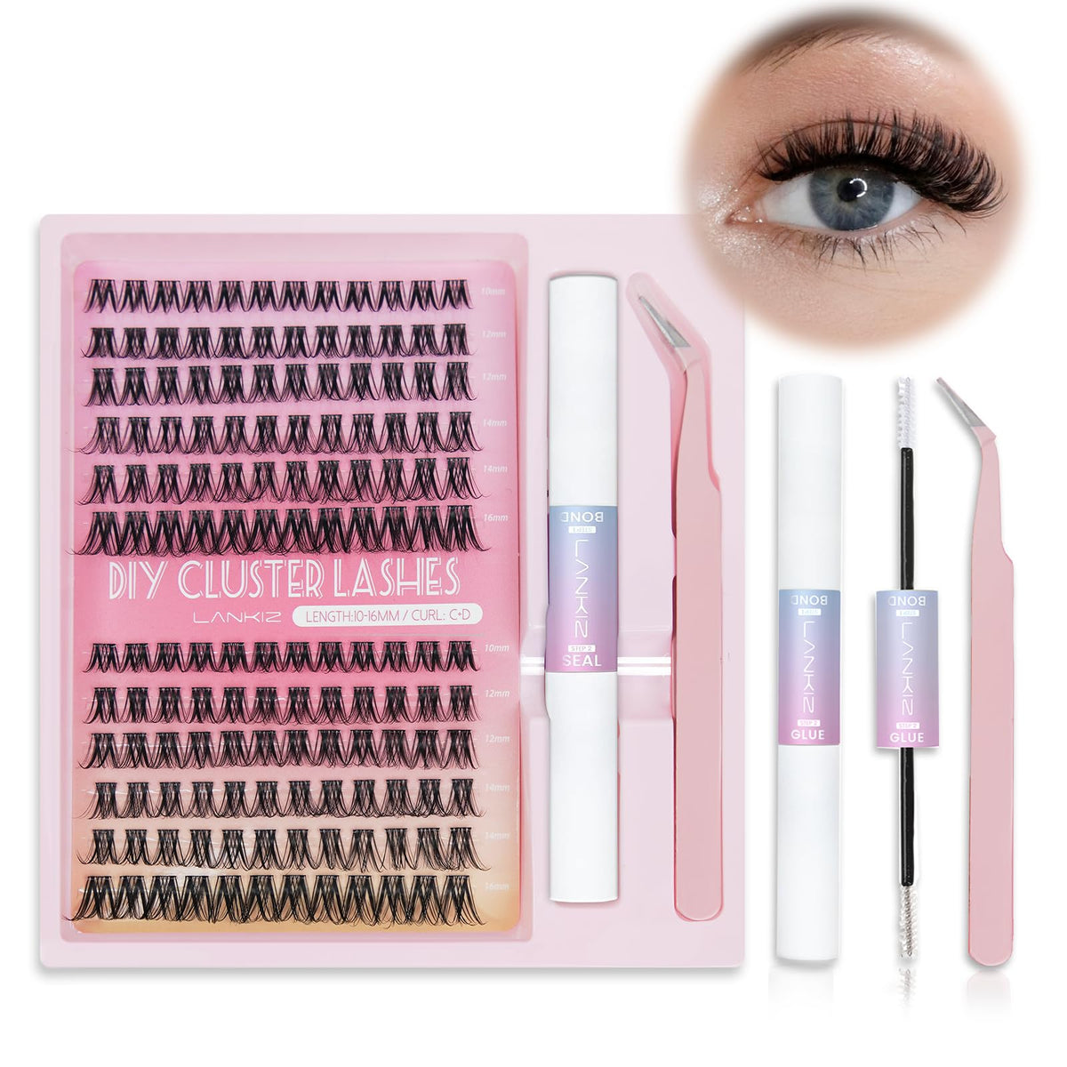 Lankiz Diy Lash Extension Kit - C+D Curl, Waterproof Bond & Seal, Natural Wispy Clusters