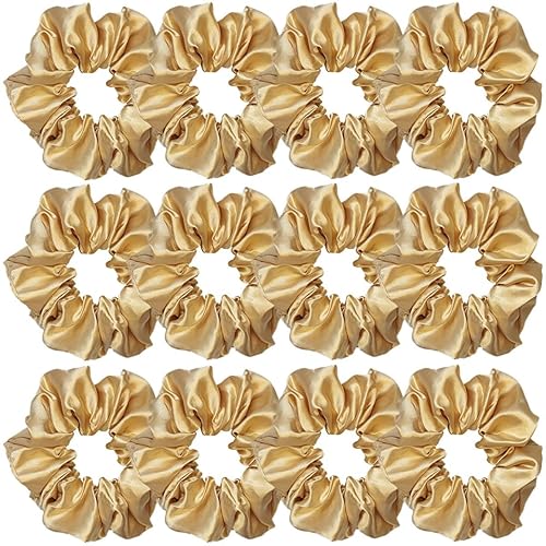 Sufermoe 12 Pcs Dark Gold Satin Silk Scrunchies - Hair Ties, Ponytail Holders for Women & Girls