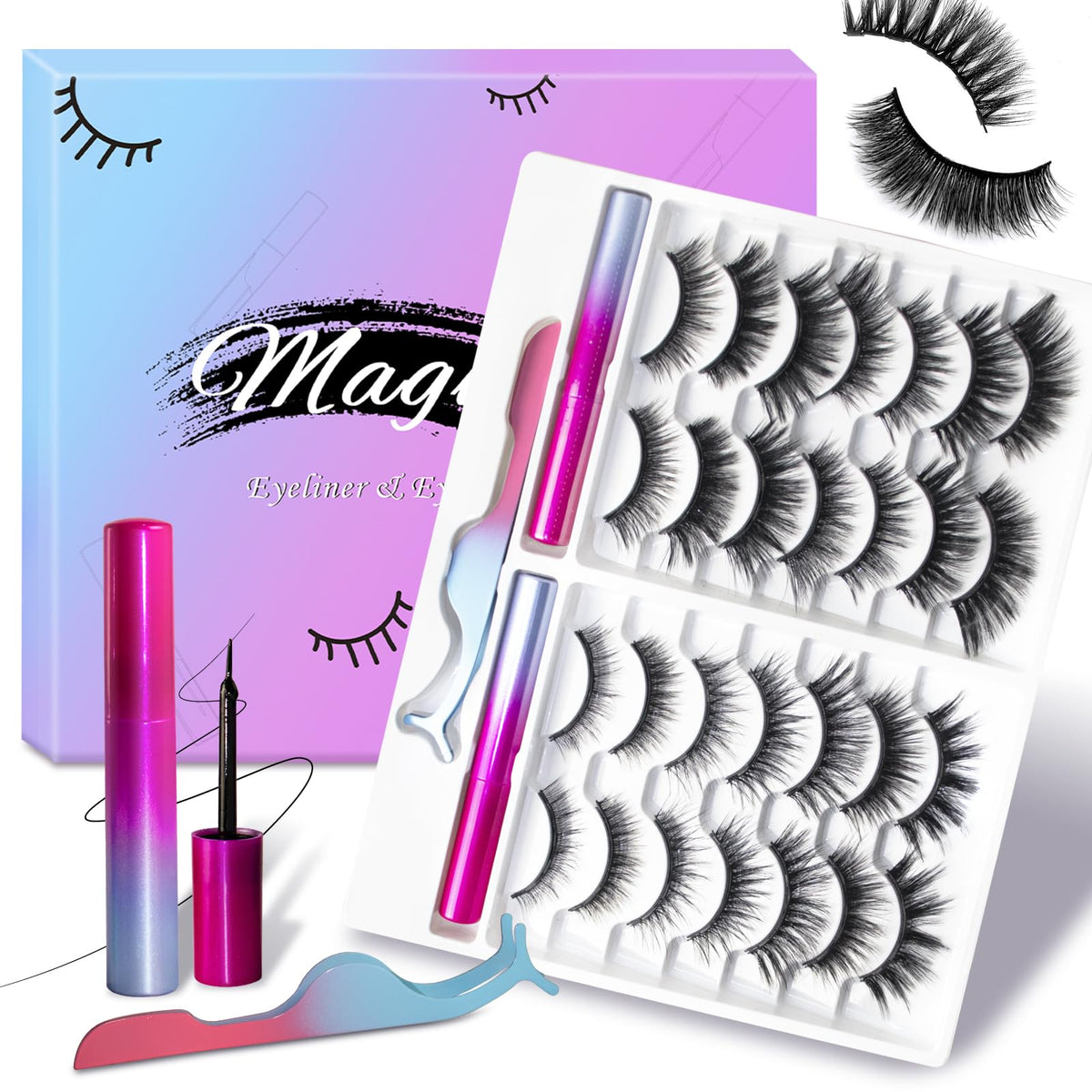 Ywehoy 14 Pairs Magnetic Eyelashes Kit With Eyeliner & Tweezers, Reusable, Natural Look, No