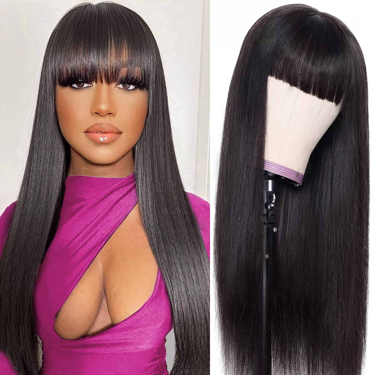 Lativ 18&quot; Straight Human Hair Wig With Bangs, 150% Density, Glueless For Black Women