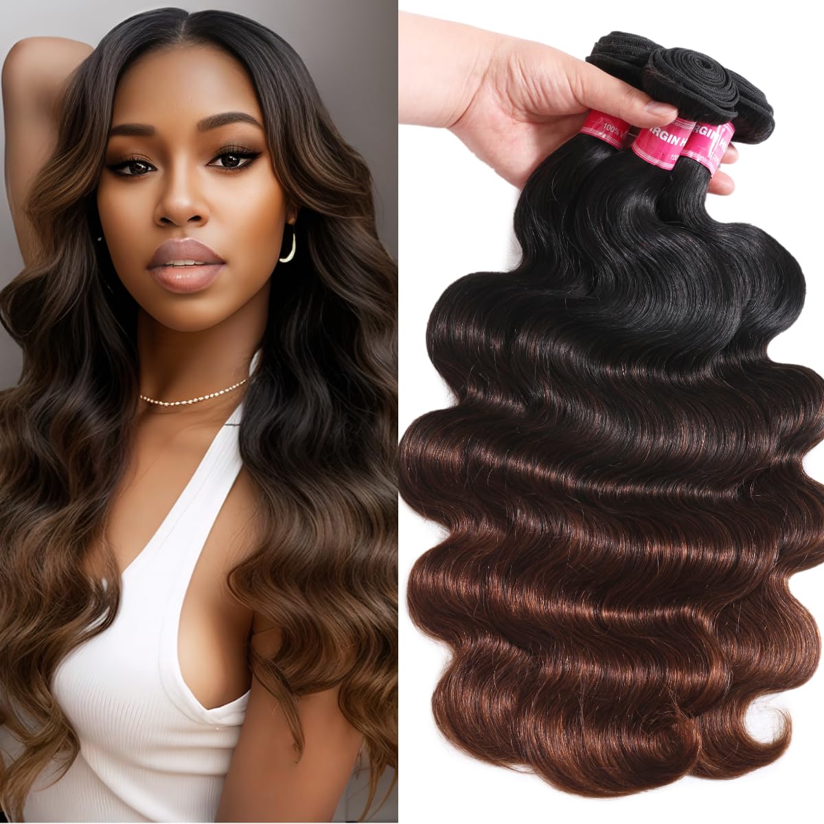 UNICE Ombre Chestnut Brown Body Wave Human Hair Weave - 3 Bundles, 16 18 18 Inch Remy