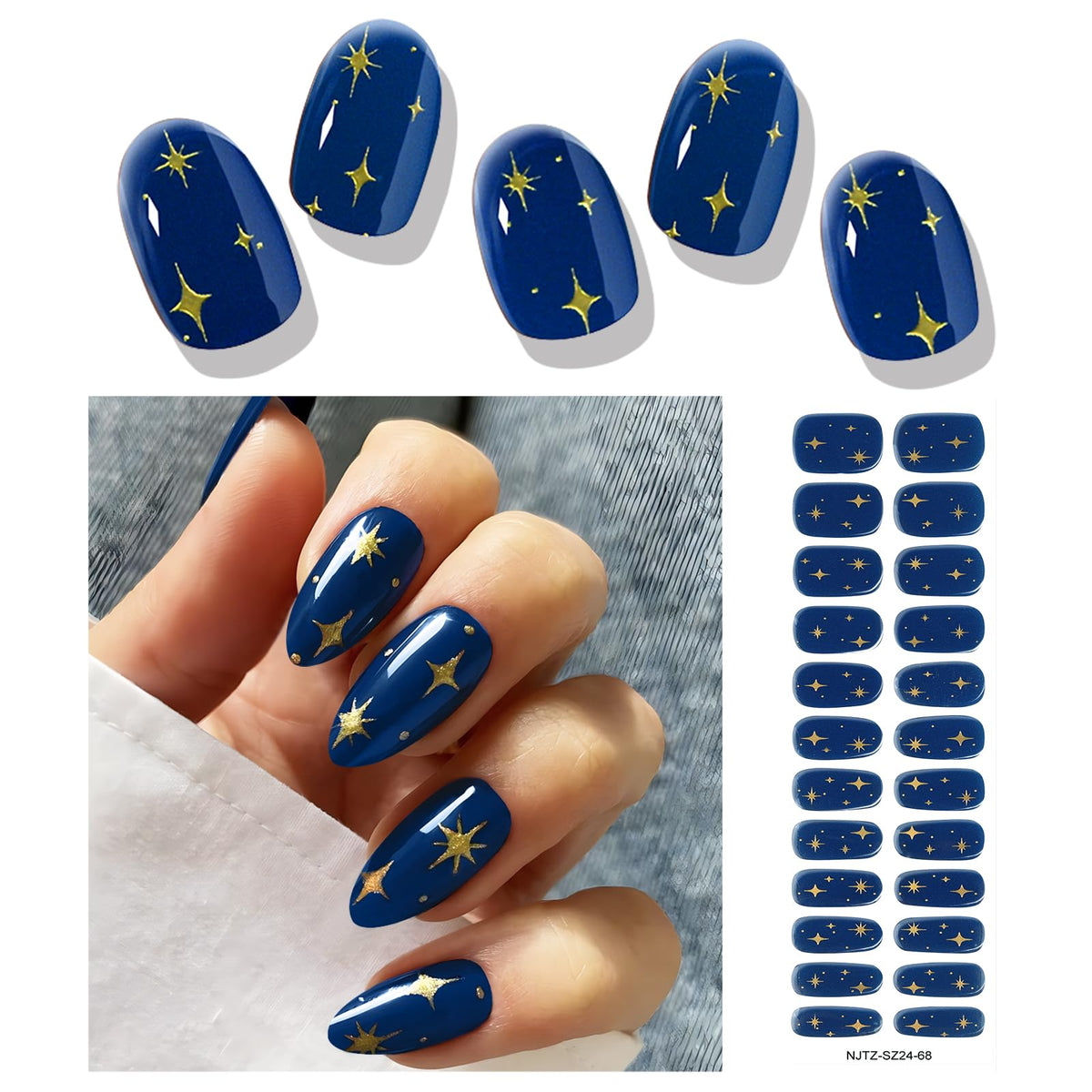 Ebanku 24Pcs Blue Glitter Star Semi-Cured Gel Nail Strips - Long-Lasting & Waterproof Nail Art