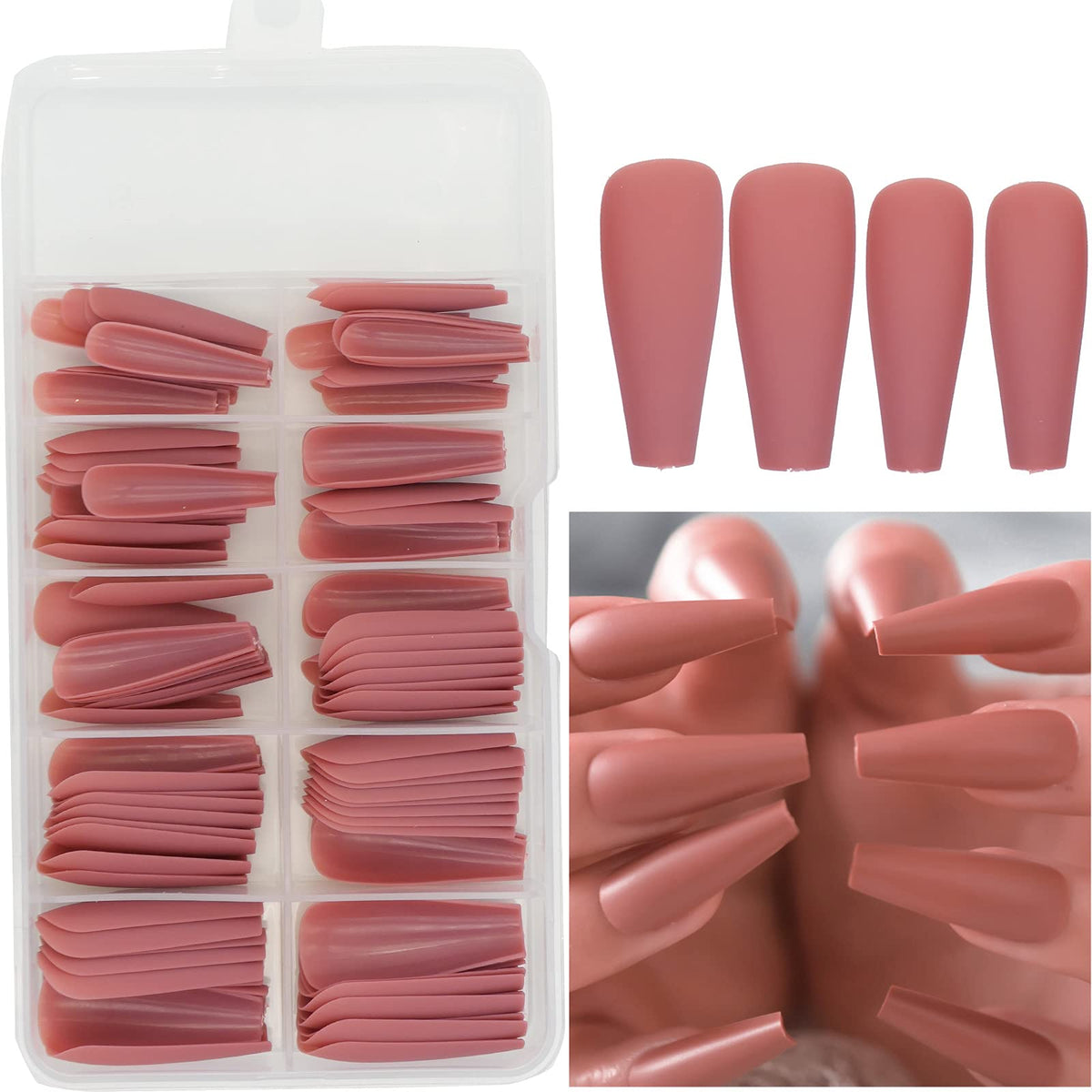 AddFavor 100pcs Dark Pink Matte Coffin Fake Nails - Full Cover Acrylic Nail Tips for Women