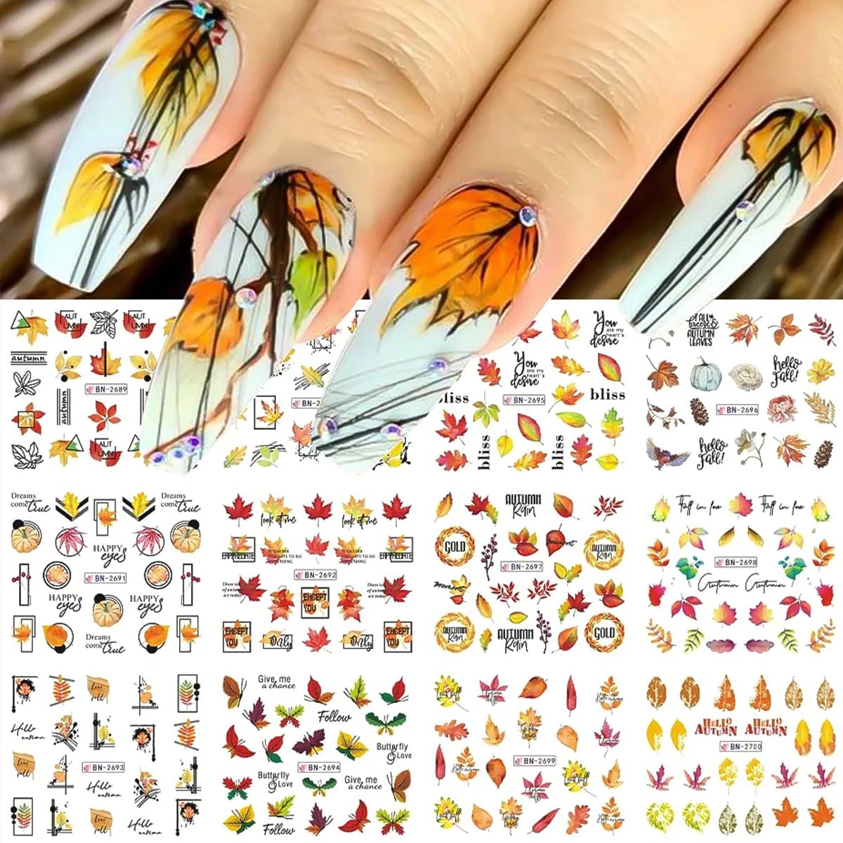 Bsbtbz 12Pcs Fall Nail Stickers - Maple Leaf Water Decals For Thanksgiving Diy Manicure