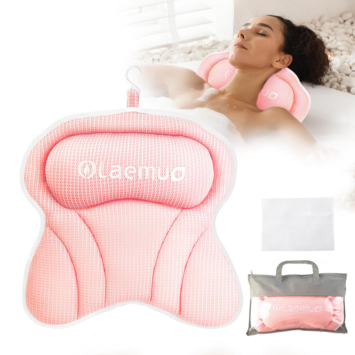 Olaemuo Luxury Bath Pillow - Comfy 3D Air Mesh Neck Support For Tub With Strong Suction Cups - Pink