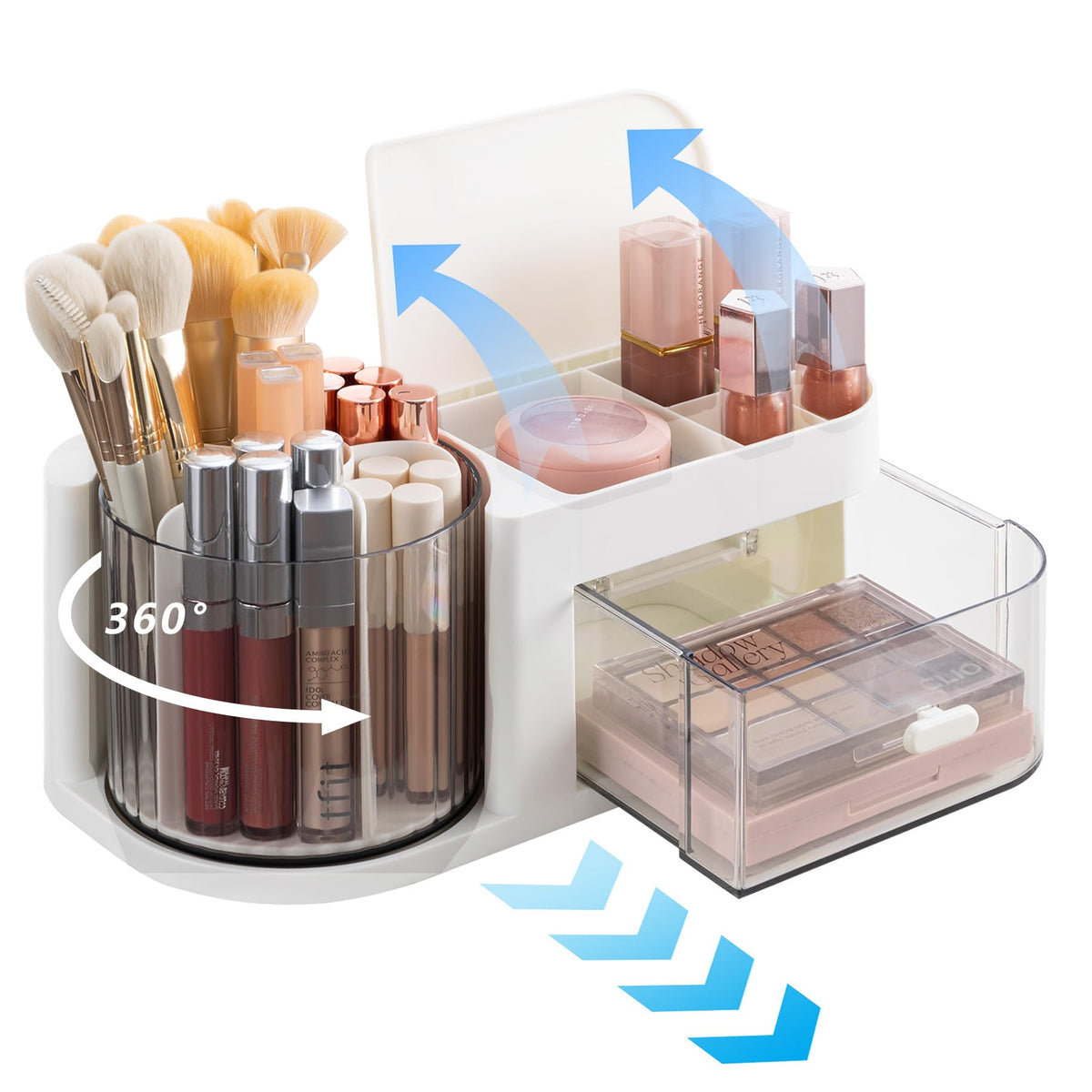 Moikiwi 360-Degree Rotating Makeup Organizer With Lid & Drawer - White Cosmetic Display Case