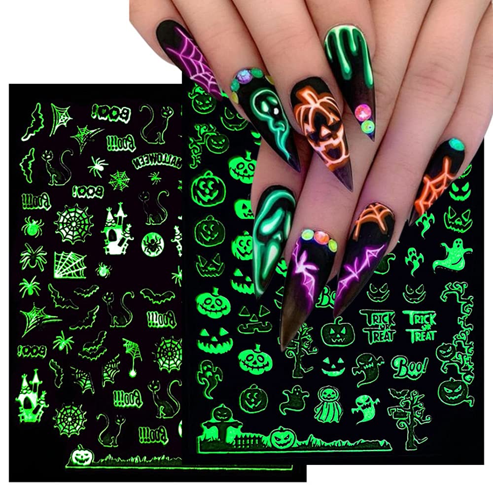 Macute Halloween Nail Stickers - 3D Luminous Self-Adhesive Nail Art, 6 Sheets, Assorted Designs