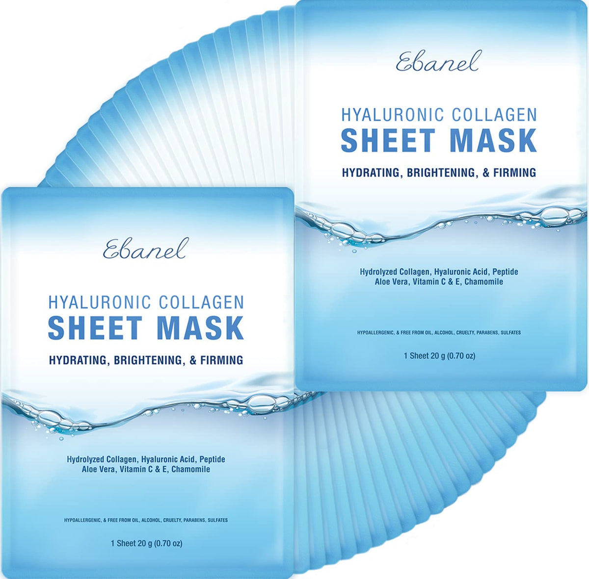 Ebanel Collagen Peptide Face Masks - 40 Pack, Hydrating & Brightening Anti-Aging Skincare