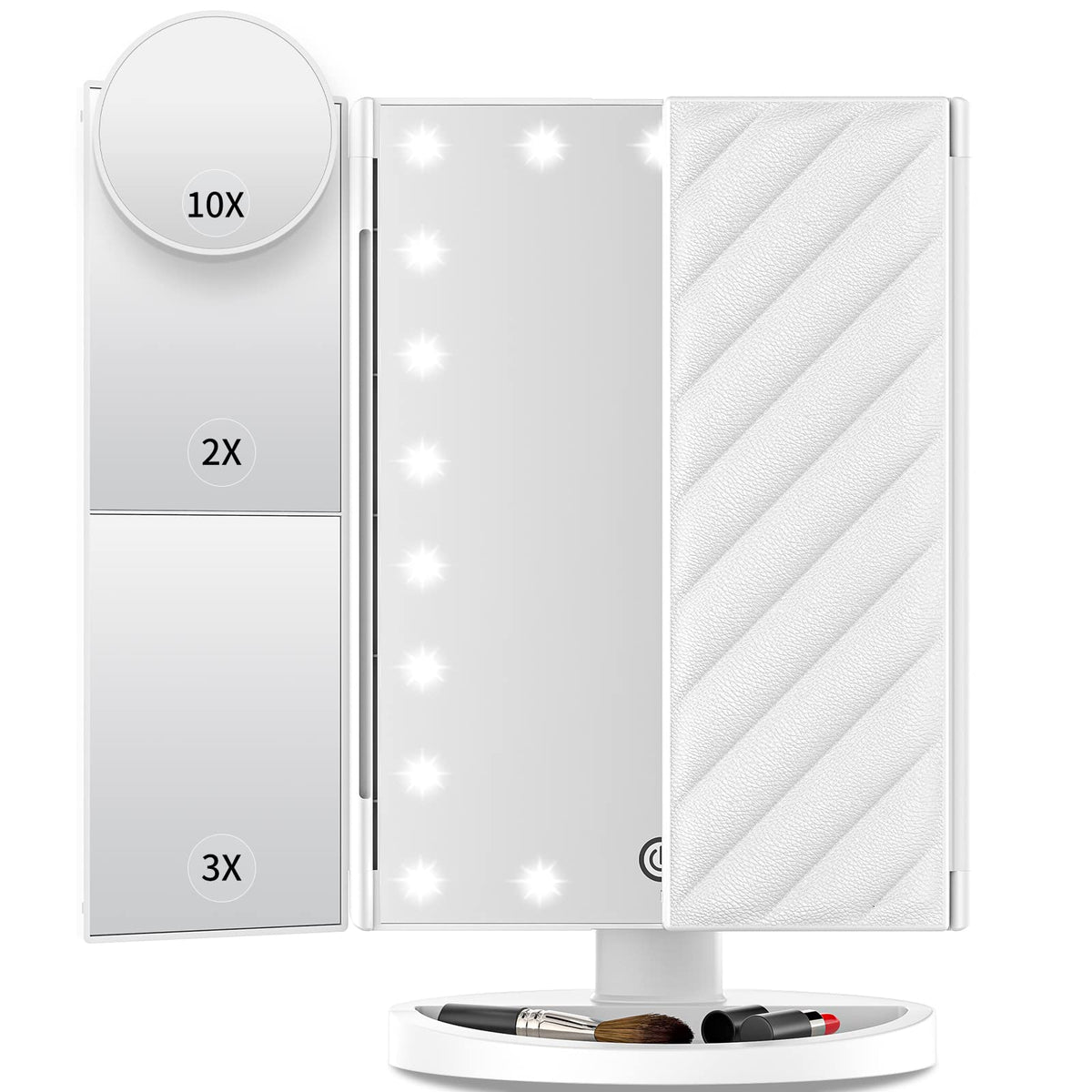 Eluosin Led Vanity Mirror With 2X/3X/10X Magnification, Touch Dimming, White Trifold Compact