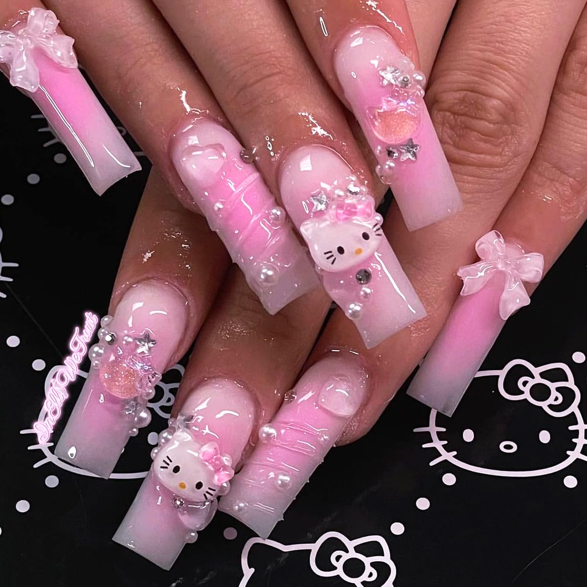 Rtkhfze Nude Pink Long Press On Nails - 24 Pcs Full Cover Acrylic With Water Ripple & Bow Designs