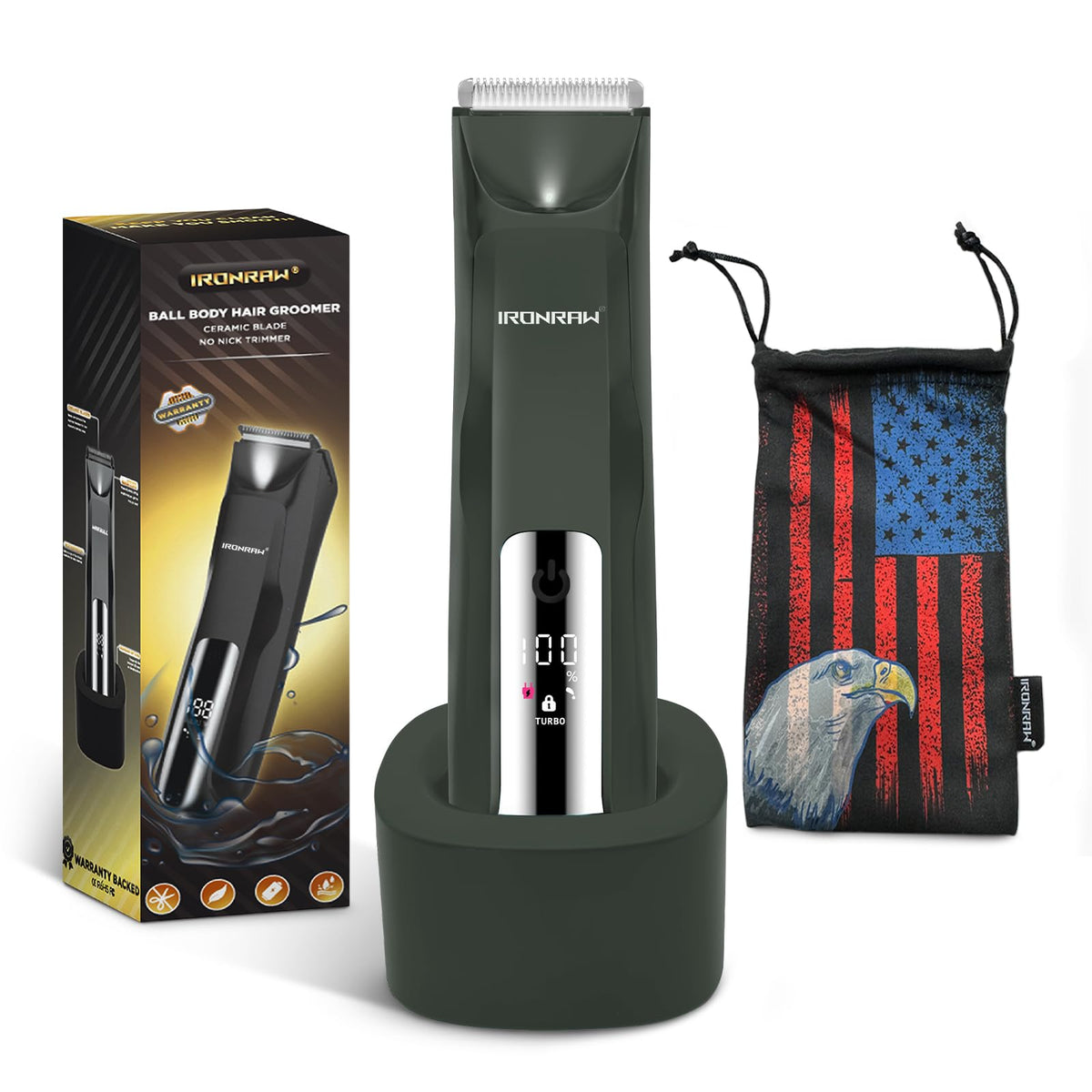 Ironraw Body Hair Trimmer - Waterproof Manscape Groomer With Light, Ceramic Blades, Ranger Green