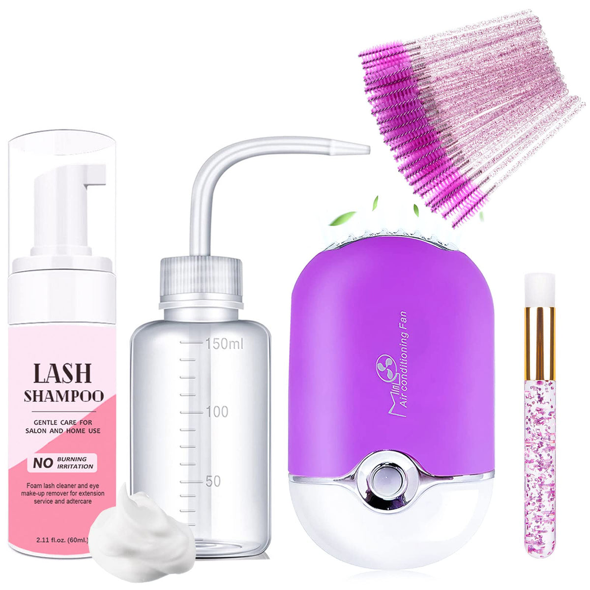 Aremod Eyelash Shampoo & Cleaning Kit With Usb Fan, 60Ml Mousse, Brush Set - Purple