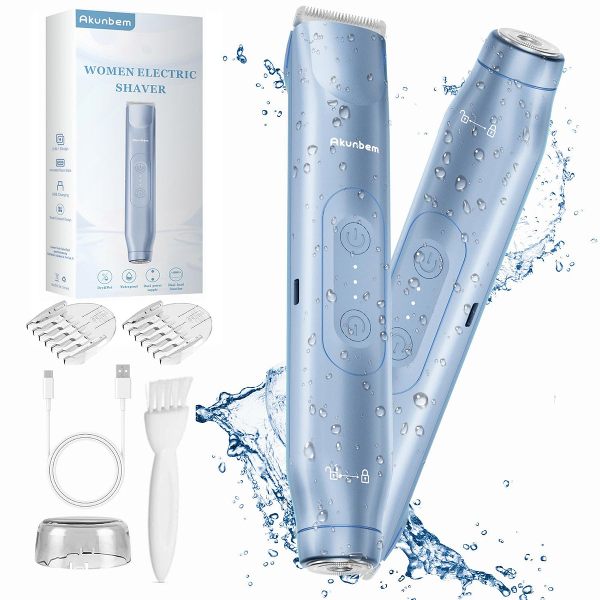 Akunbem 2 In 1 Women'S Electric Shaver & Bikini Trimmer, Ipx7 Waterproof, Blue