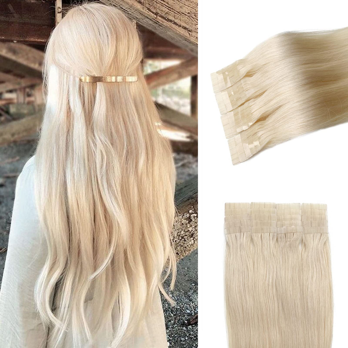 Munx 20Pcs 70G Tape-In Human Hair Extensions, 24 Inch Platinum Blonde Silky Straight