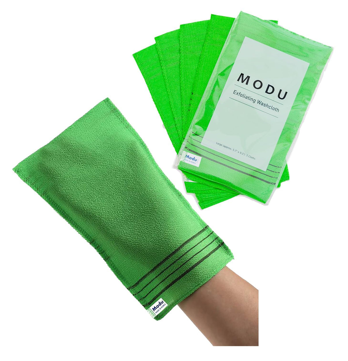 Modu 5 Pcs Korean Exfoliating Mitt Bath Washcloth - Large Green Towel, 9.1X6 In