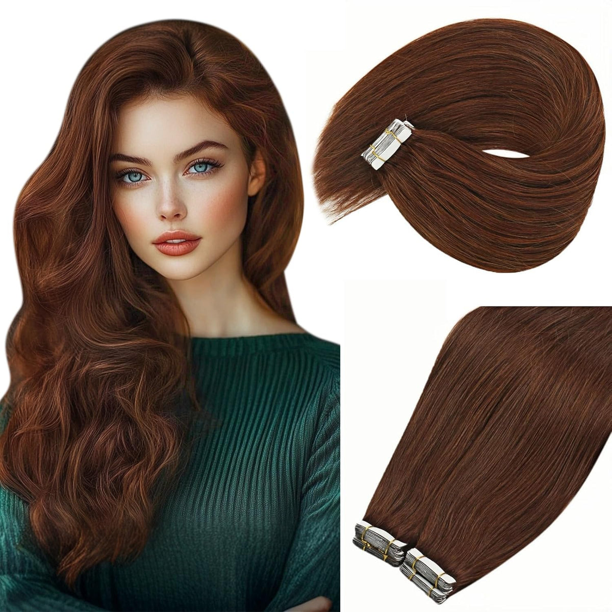 Ve Sunny Tape In Hair Extensions - Auburn Brown, 20Pcs, 14 Inch, Human Hair, 50G