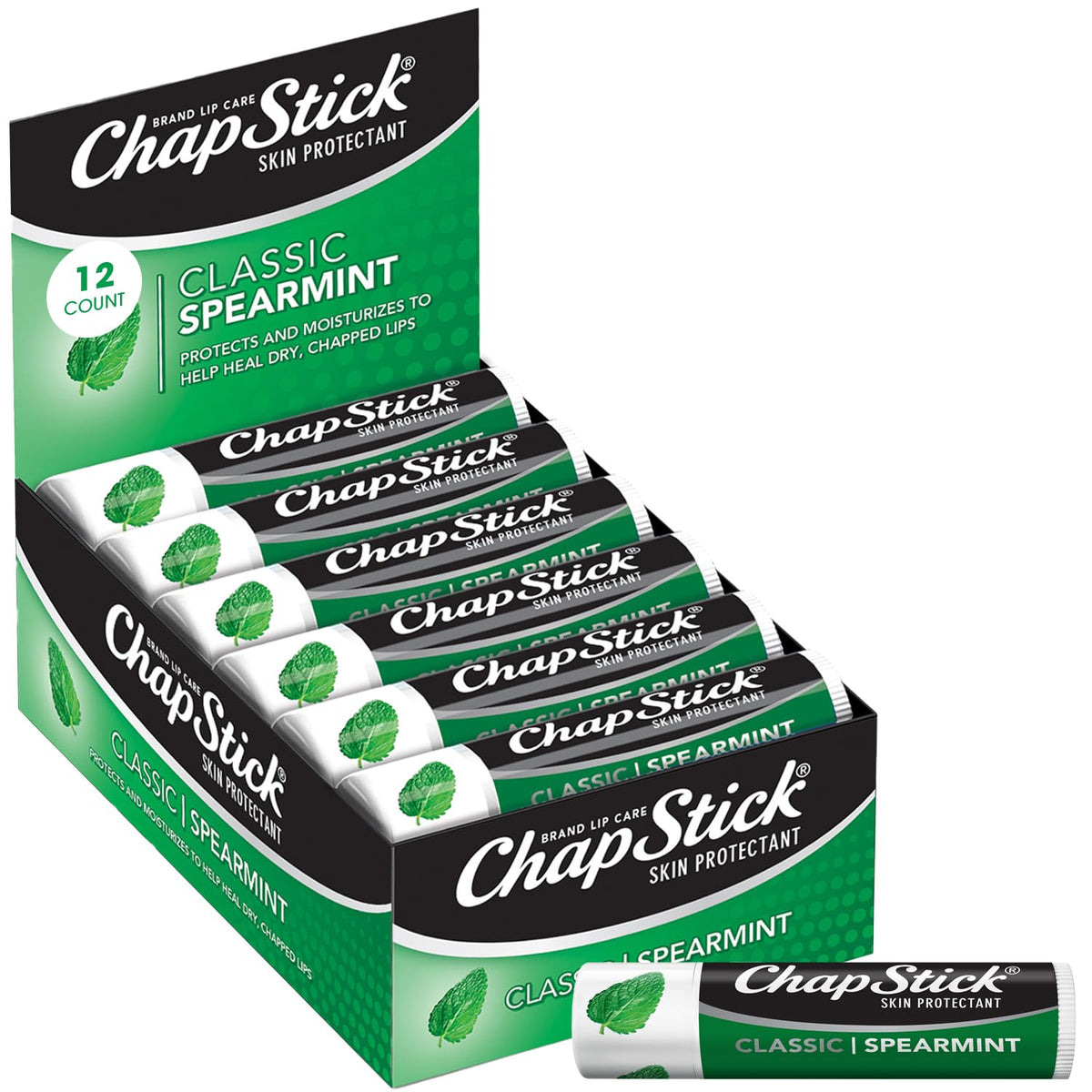 Chapstick Spearmint Lip Balm 12-Pack – Cool Moisturizer For Dry Lips, 0.15 Oz Each