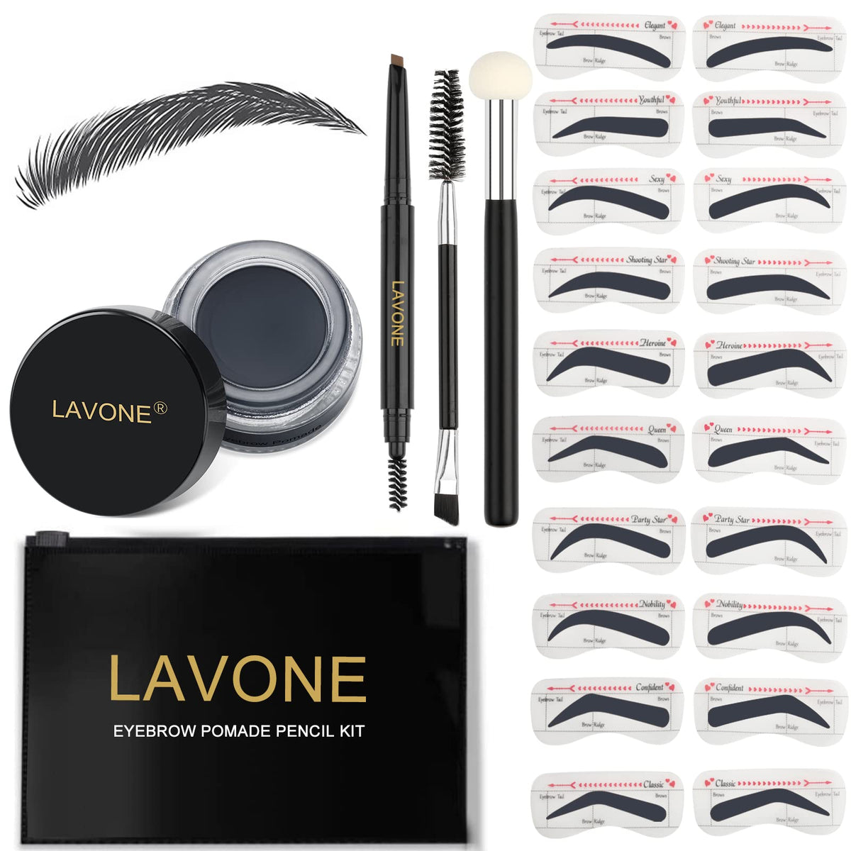 LAVONE Eyebrow Stamp Kit - Waterproof Brow Pencil, Pomade, 20 Stencils, Dark Black