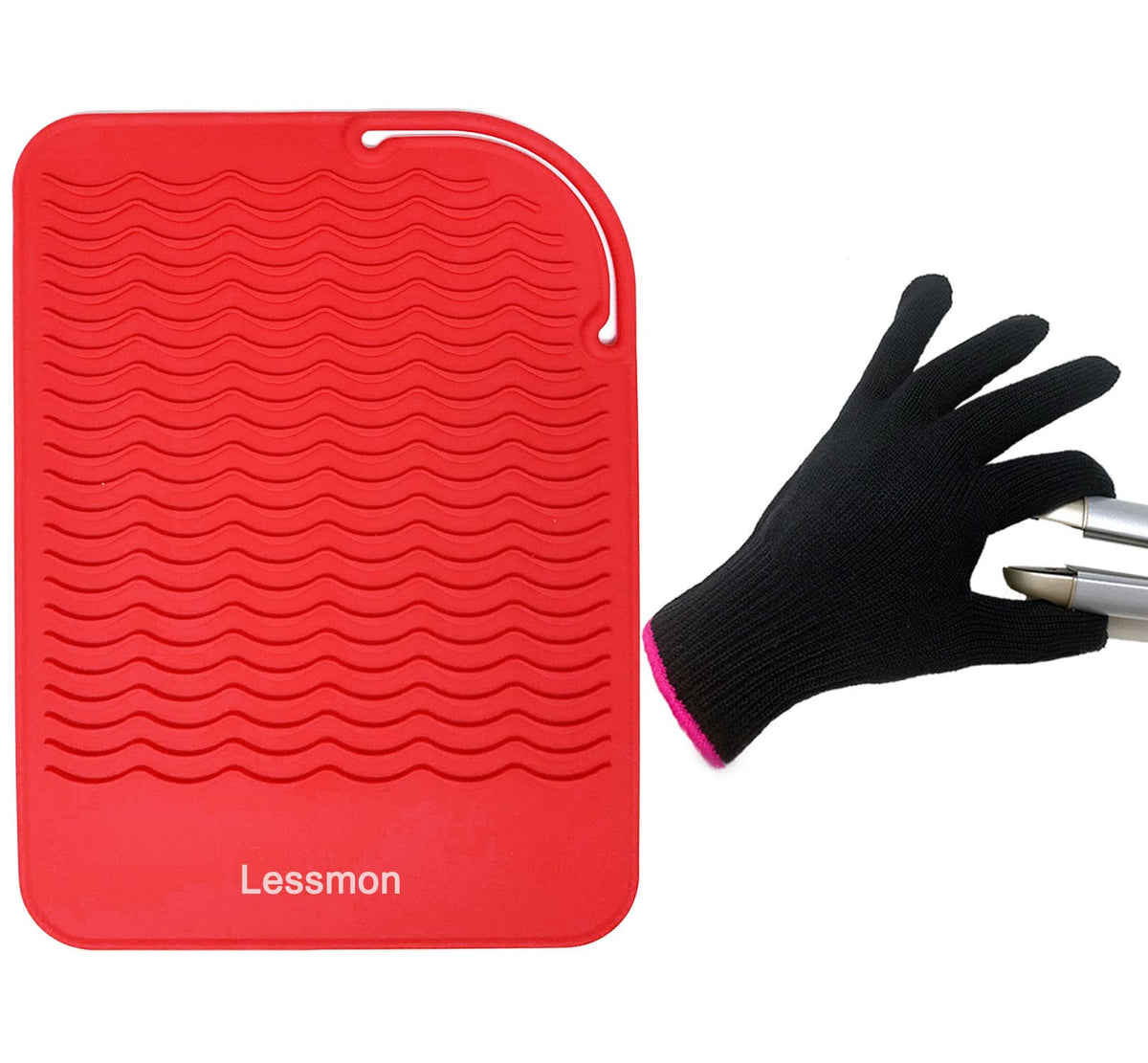 Lessmon Flat Iron Travel Mat with Heat Resistant Glove - Red, 9&quot; x 6.5&quot;, Silicone Protector