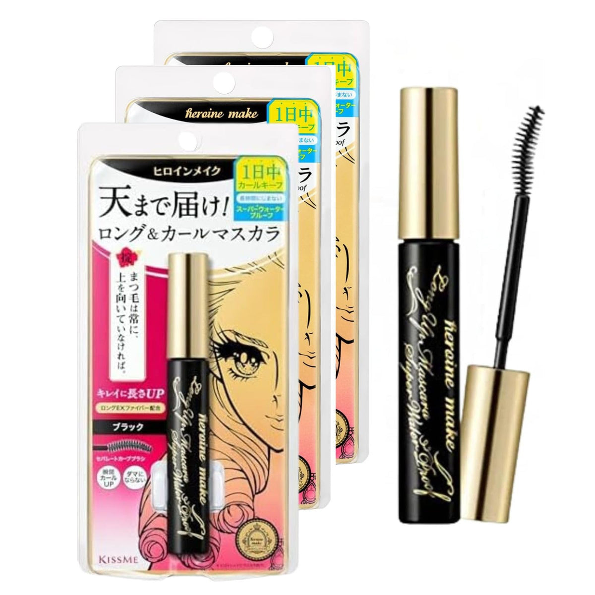 Heroine Make Mascara Trio Set - Long & Curl Waterproof, Japanese Fiber Tubing, Black, 3 Full-Size