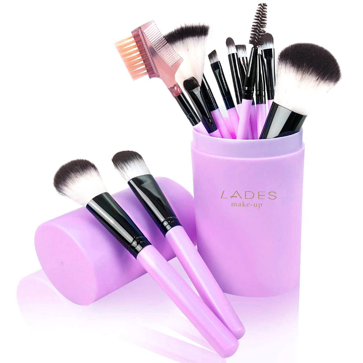 Lades 12 Pcs Makeup Brush Set - Foundation, Eyeshadow, Eyebrow & More - Light Purple Case