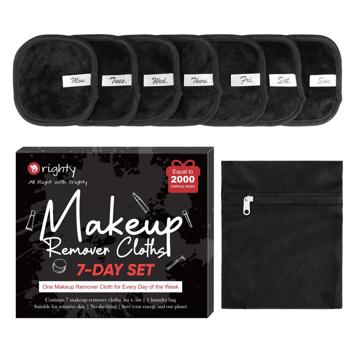 Orighty Makeup Remover Cloths - 7 Premium Reusable Pads For Easy Makeup Removal With Water