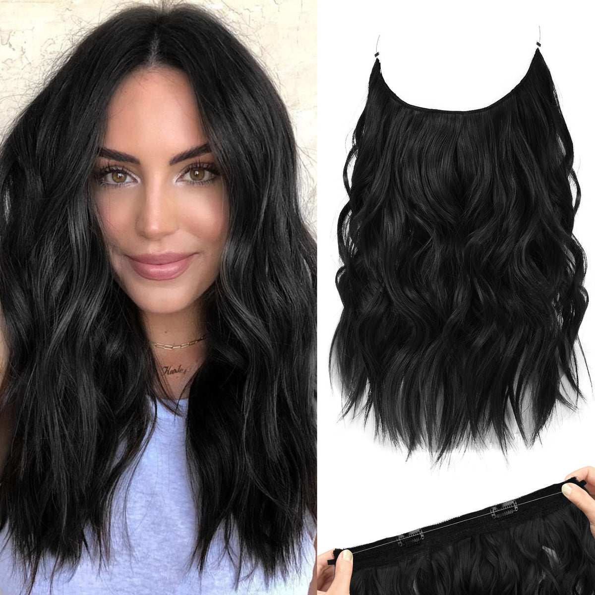 REECHO 12&quot; Invisible Wire Hair Extensions - Black, Soft Lace Weft, Adjustable, Removable Clips