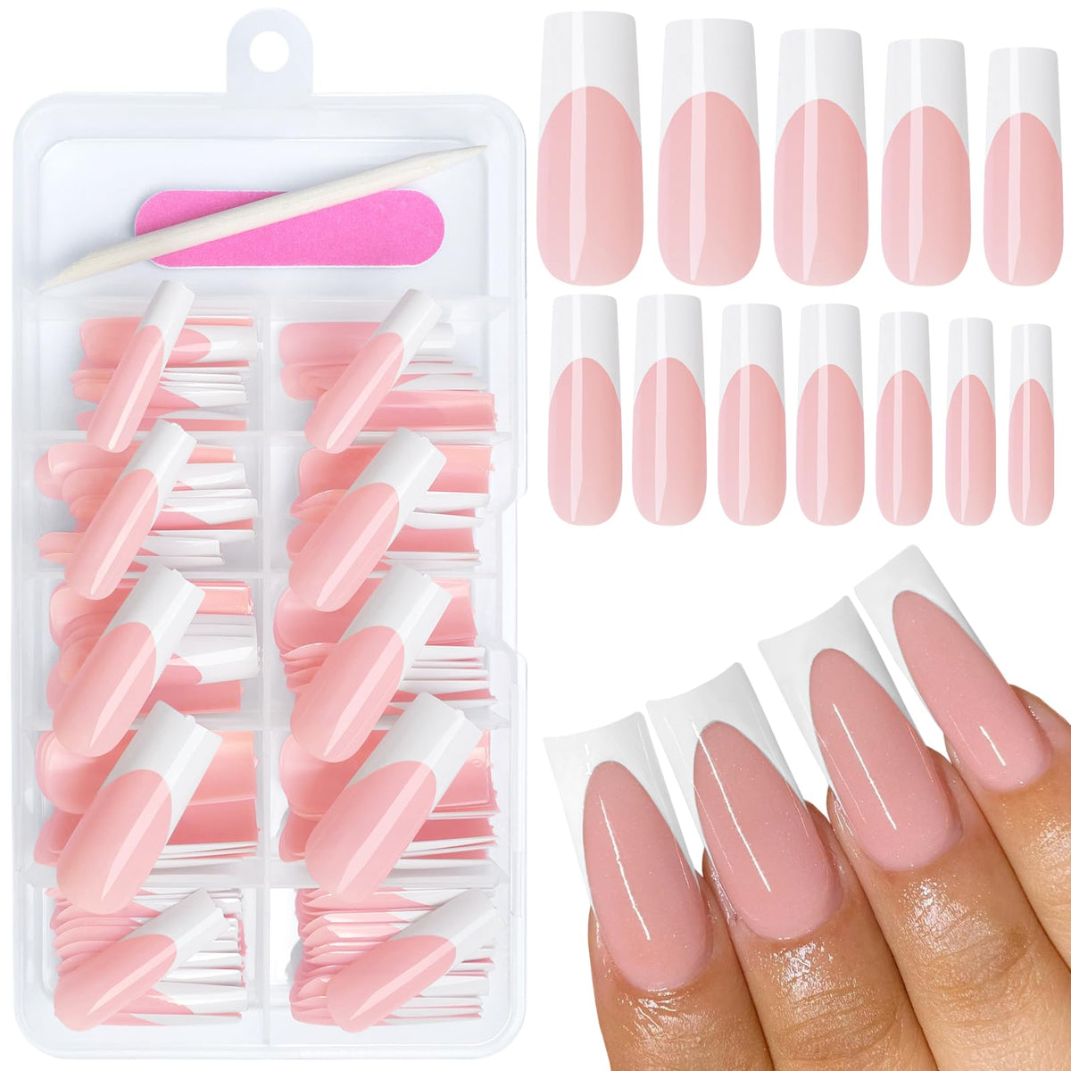 Addfavor 120Pcs White French Tip Press On Nails - Xl Long Square Tapered Fake Nails For Women