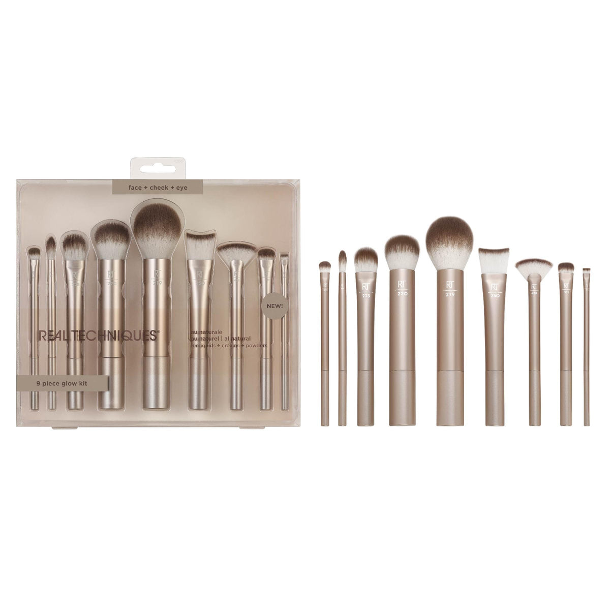 Real Techniques 9 Piece Au Naturale Makeup Brush Set - Cruelty-Free, Travel Friendly, Gold