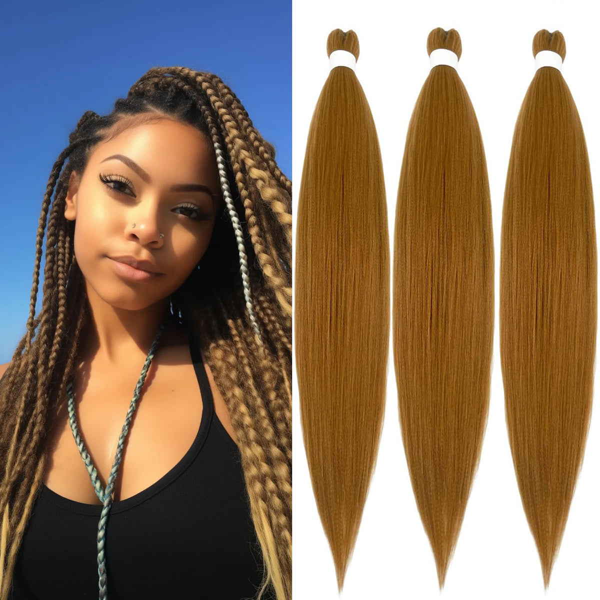 Roalnce 24&quot; Light Brown Braiding Hair Extensions - Soft Synthetic Knotless Yaki Texture, 3 Packs