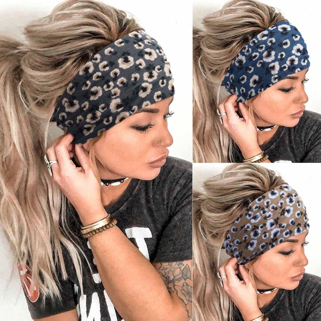 Aceorna Boho Headbands 3 Pcs Wide Knot Elastic Turban Hair Band Leopard For Women & Girls