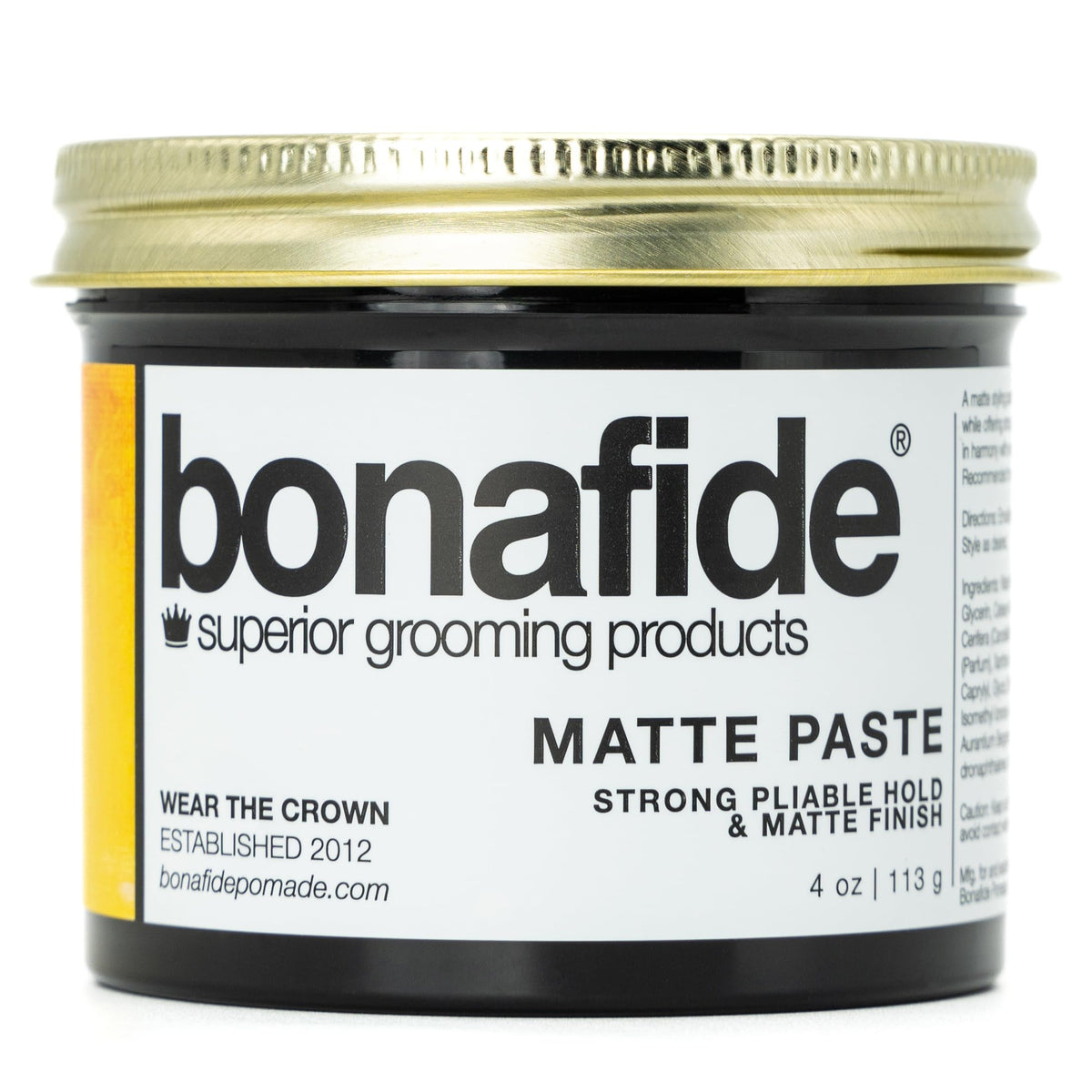 Bona Fide Pomade Matte Paste 4 Oz - Strong Hold, Water-Based, Easy Wash, Light Citrus Scent