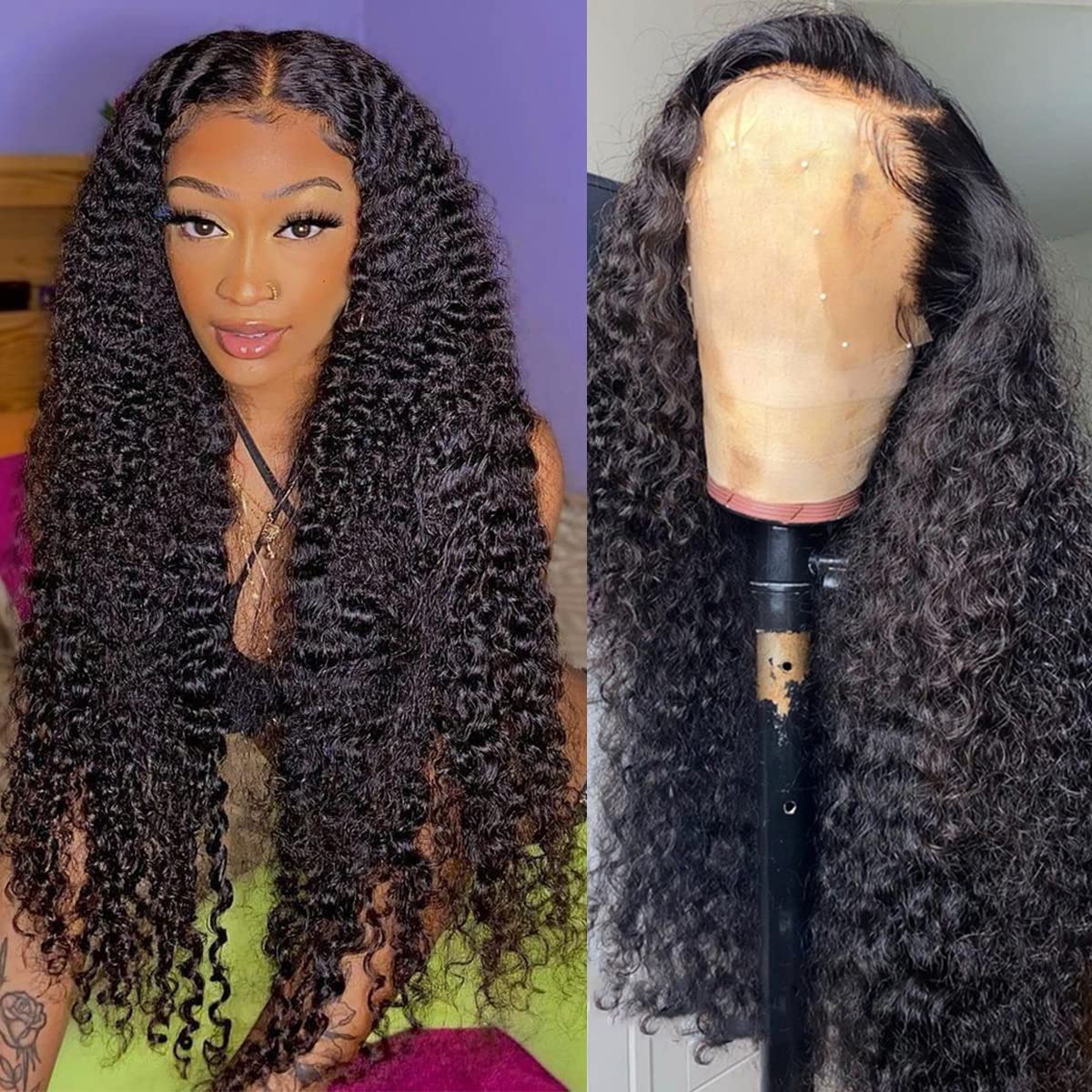 Aliglossy 28&quot; Curly Lace Front Wig - 13X4 Deep Wave Human Hair, Pre Plucked, Kinky