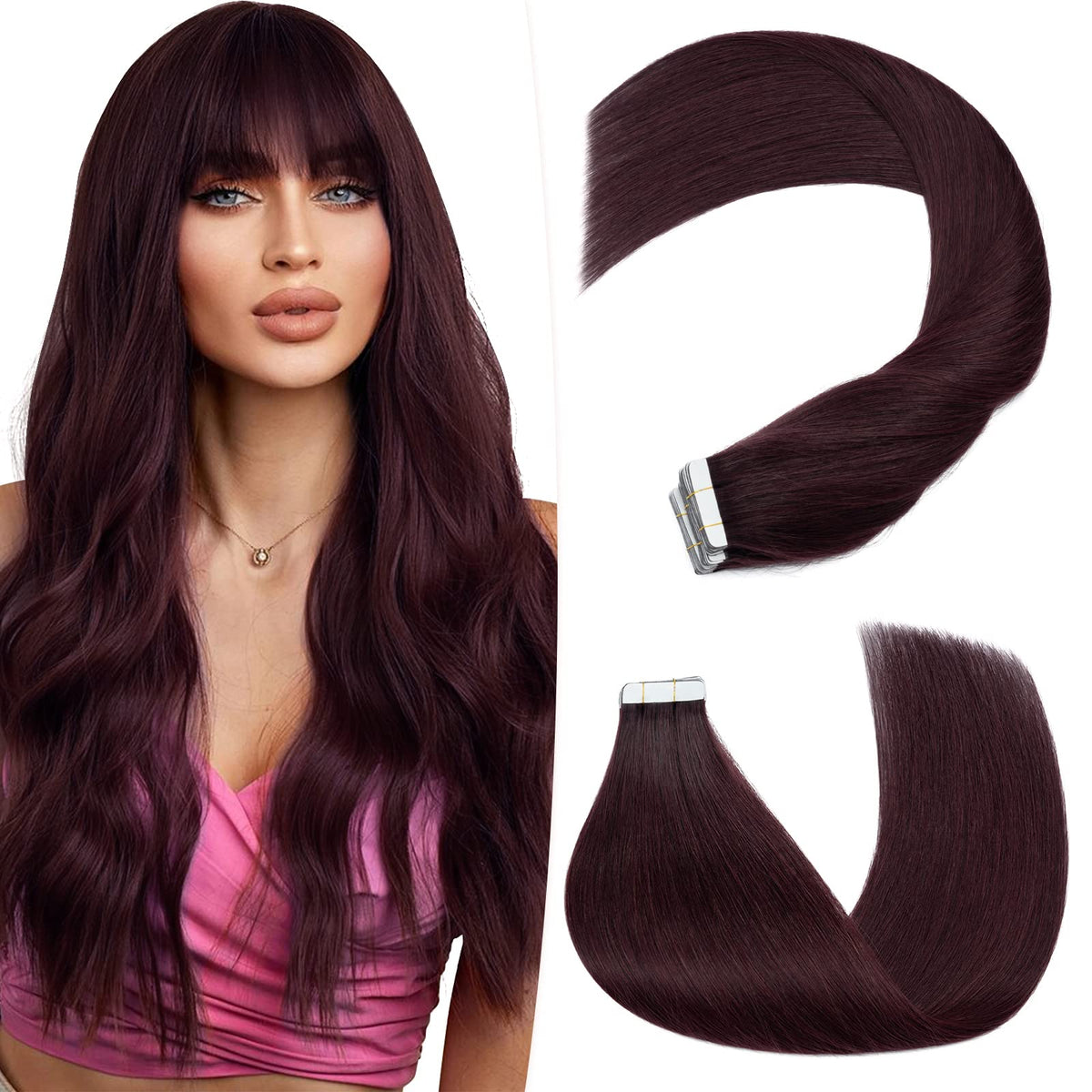 Hairro 24&quot; Tape In Hair Extensions - Remy Human Hair, 50G, Wine Red, 20Pcs Full Head