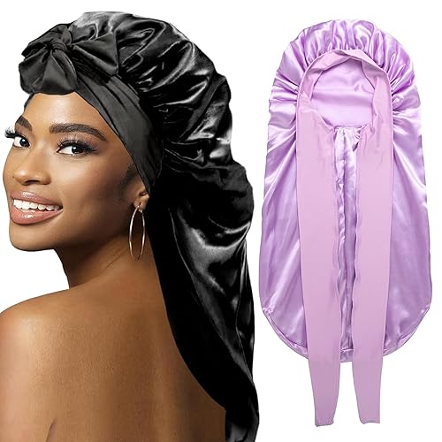 Wozutunt 2Pcs Large Satin Bonnets For Black Women - Silk Sleep Cap With Stretchy Tie Band