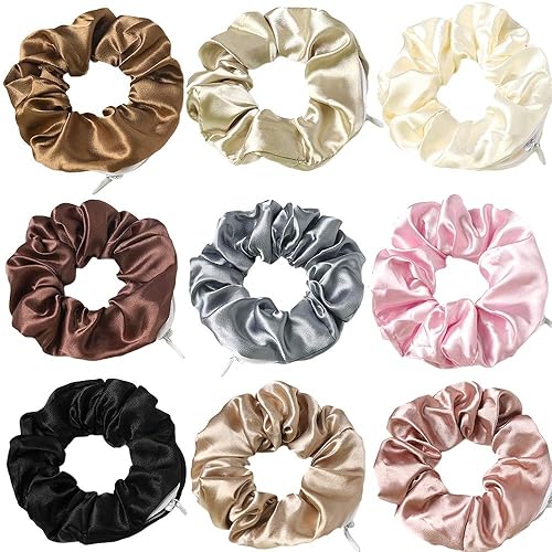 DINPREY Women's Silk Scrunchies, 9 Pcs with Hidden Pocket, Rainbow Hair Ties for VSCO Girls