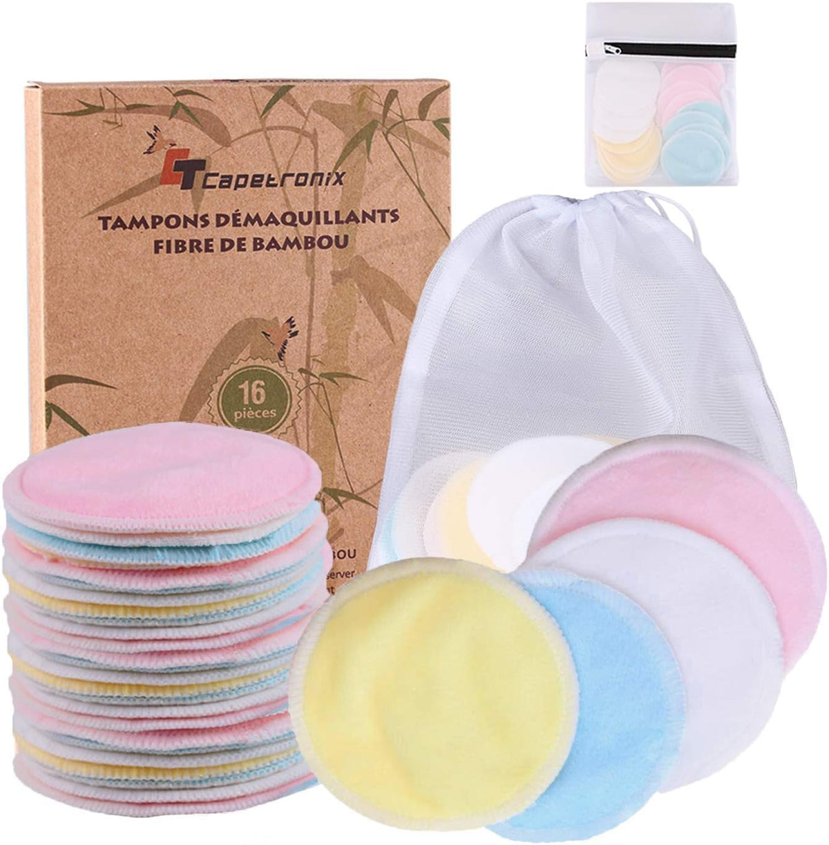 Ct Capetronix Reusable Makeup Remover Pads - 16 Eco-Friendly Bamboo Cotton Rounds With Bags