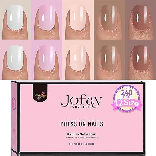 Jofay Fashion 240 Pcs Press On Nails Set - Short Square Acrylic Glossy Glue On Nails, 12 Sizes