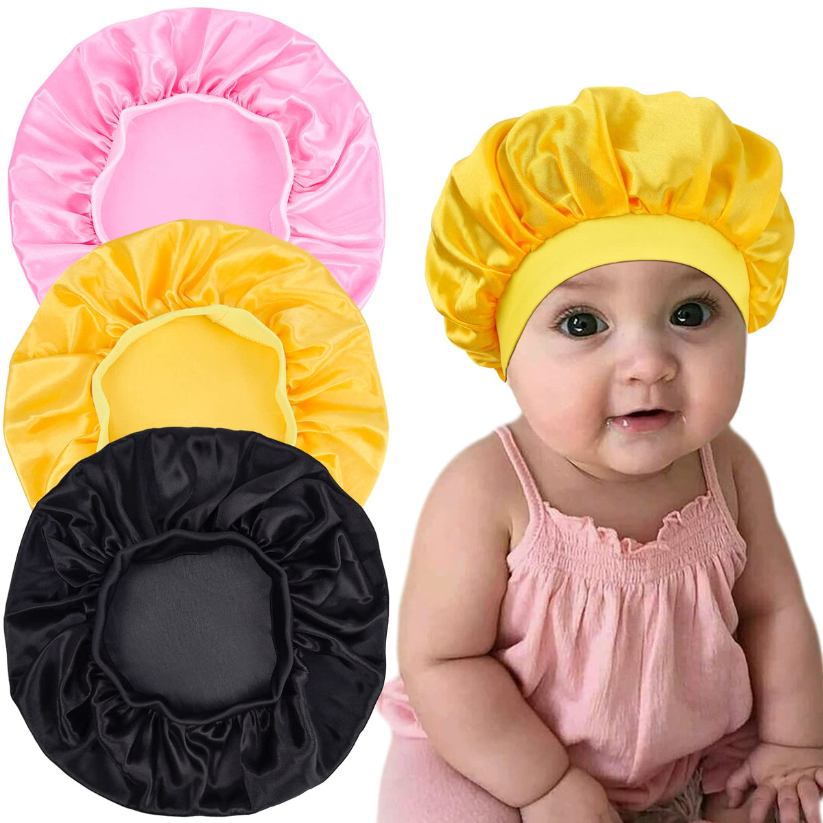 Aileam 3-Piece Kids Satin Bonnet Set - Silk Night Caps for Natural Hair, Toddler & Teens