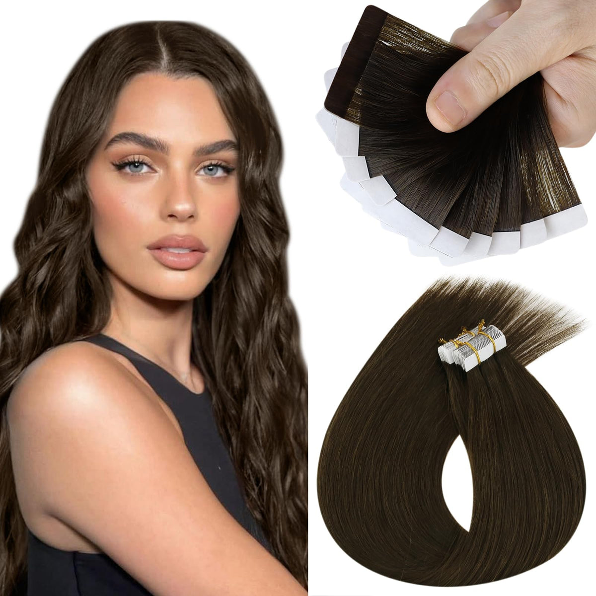 Sunny Hair 18&quot; Brown Tape In Extensions #4 Dark Brown Remy Human Hair Realistic 25G