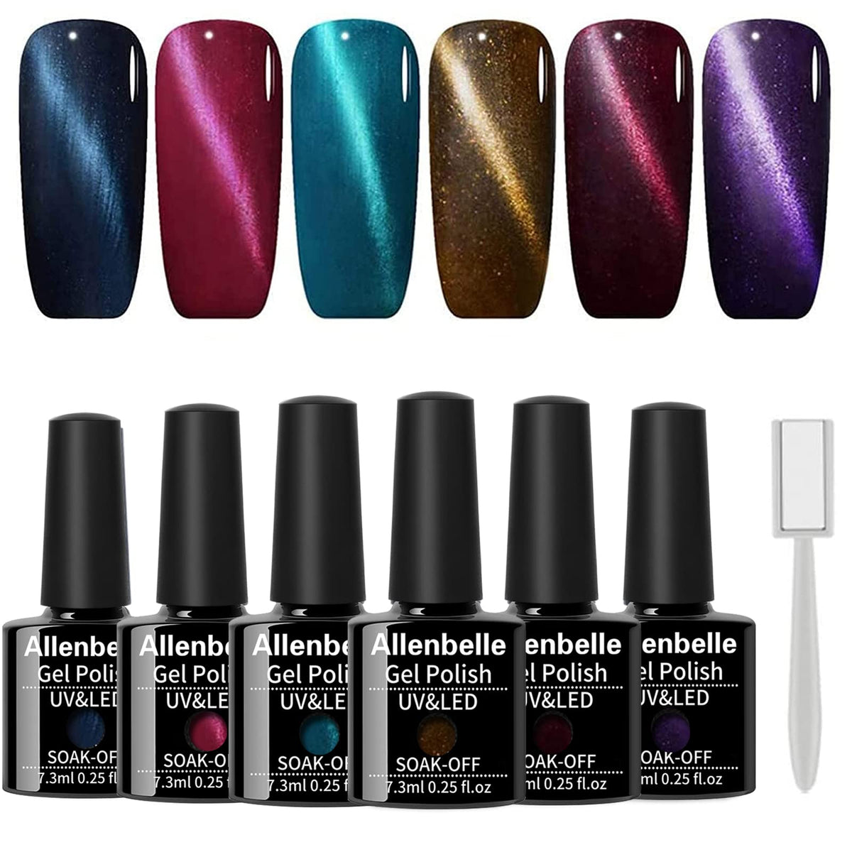 Allenbelle Cat Eye Magnetic Gel Nail Polish Set - 6 Colors, 7.3Ml Soak Off Uv Varnish